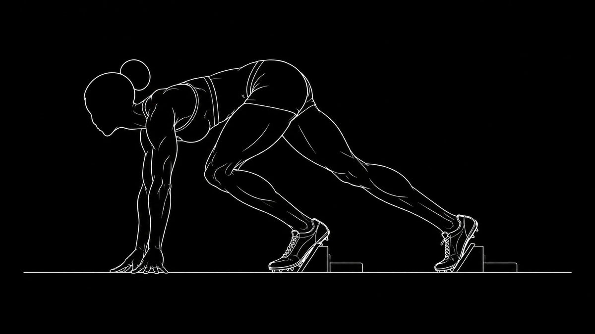 Line drawing of a sprinter in the blocks with Synapex tape on the shoulder, the knee and the calf